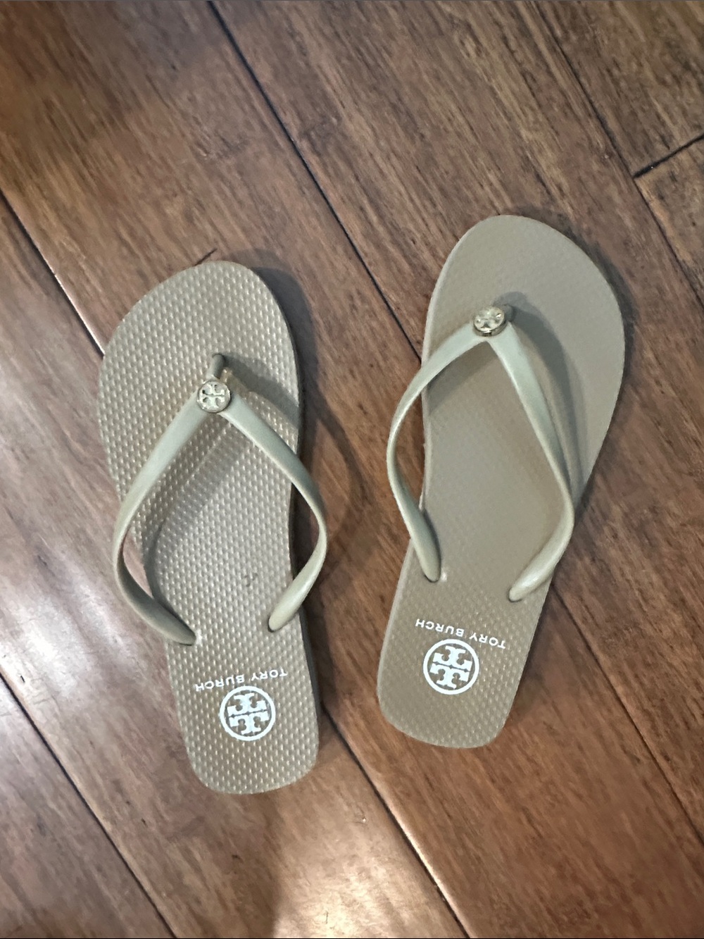Tory Burch Taupe Flip Flop Sandals with Logo Medallion
